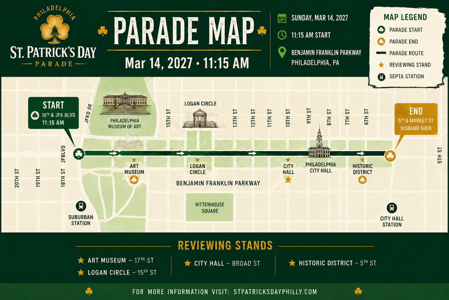 St Patrick's Day Parade Map - Philadelphia 2027 route from 16th and JFK Boulevard to 5th and Market Street with reviewing stands and SEPTA stations